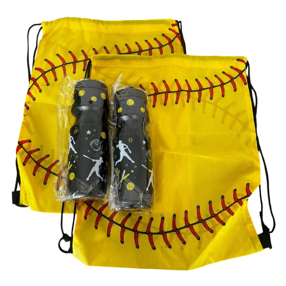 Softball Sports Bundle 2 Drawstring Bags and 2 Squeeze Water Bottles Yellow